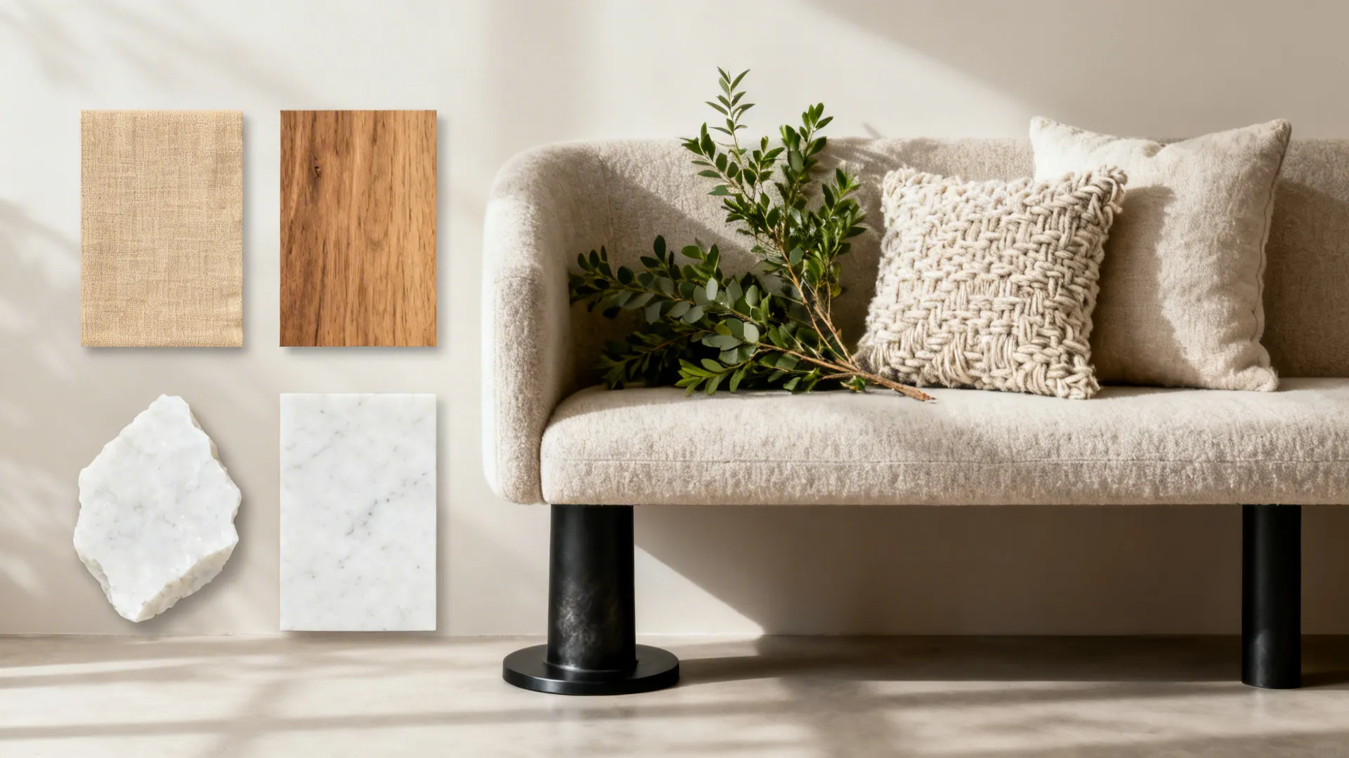 Flat-lay of linen and boucle fabrics, sealed oak, matte quartz, black metal, and greenery.