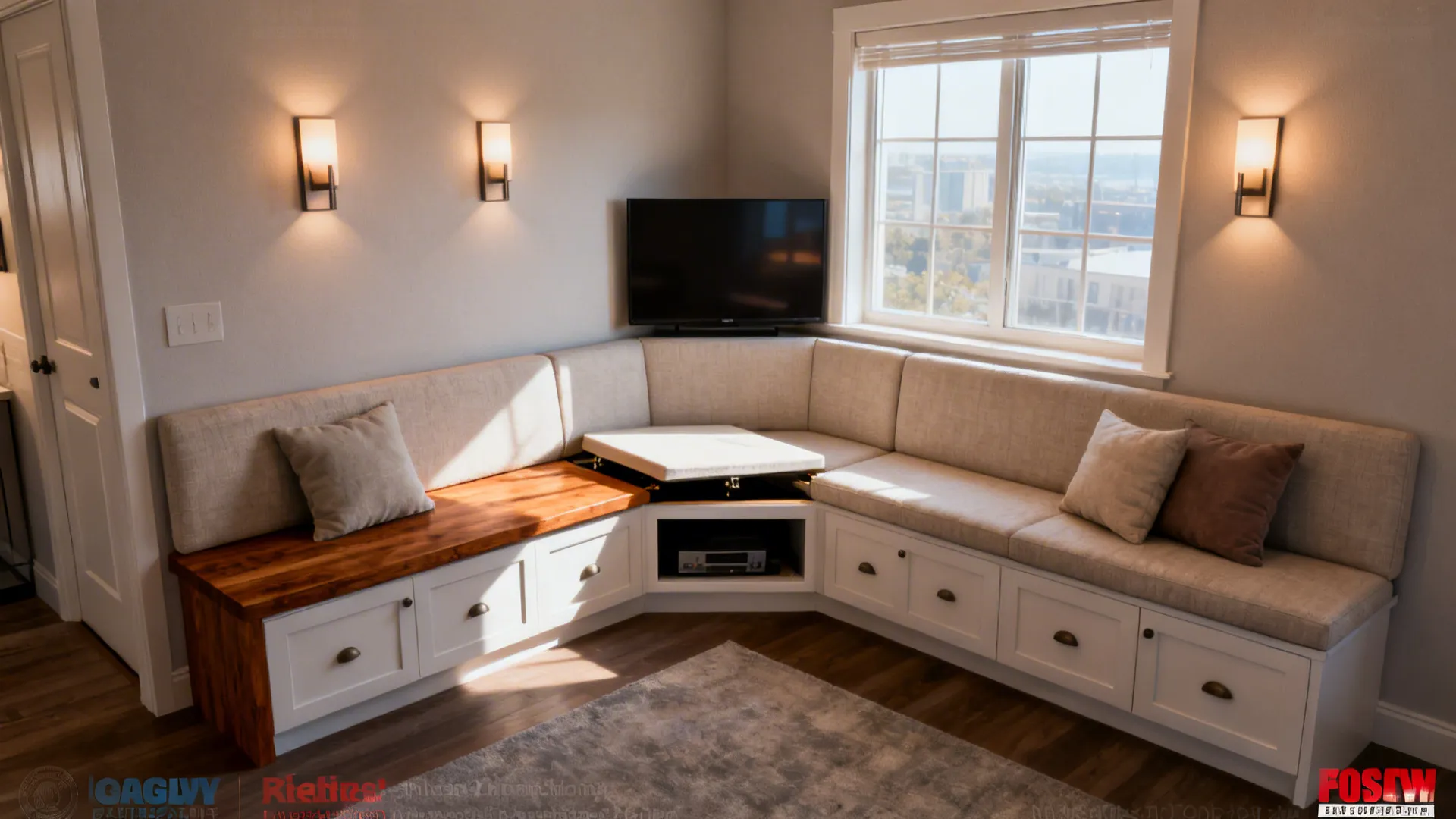 Corner sofa with white storage drawers under wood top next to window with wall lights