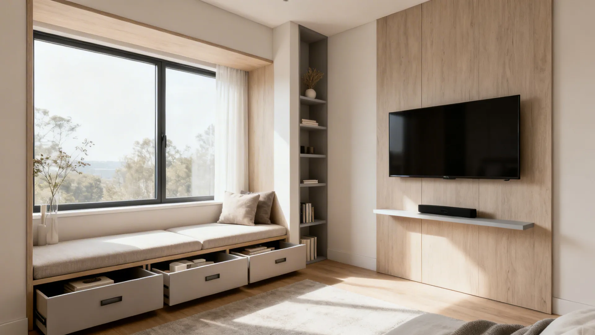 Built-in banquette with under-seat drawers and a narrow media wall with mounted TV in a small studio living room