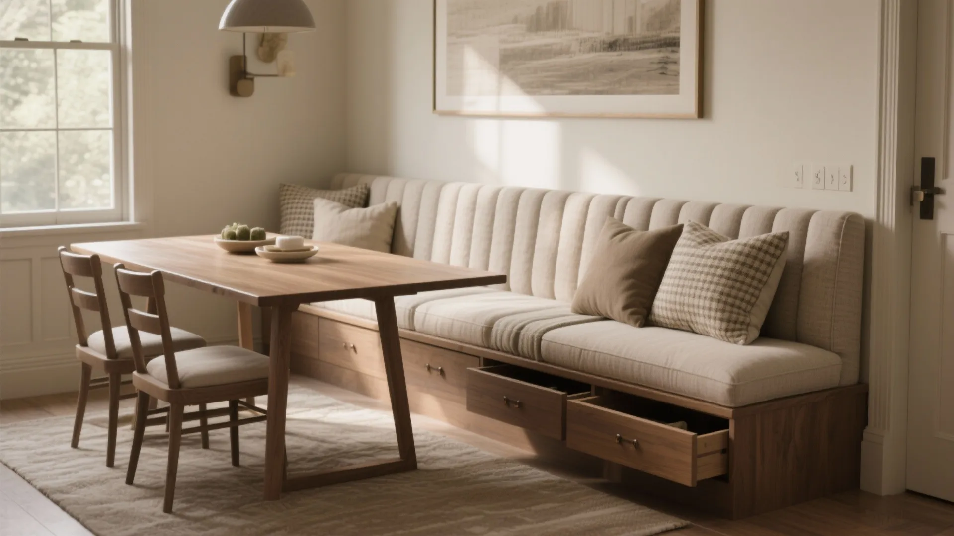 Dining area with wooden table plus bench seating including built in storage drawers and cushions