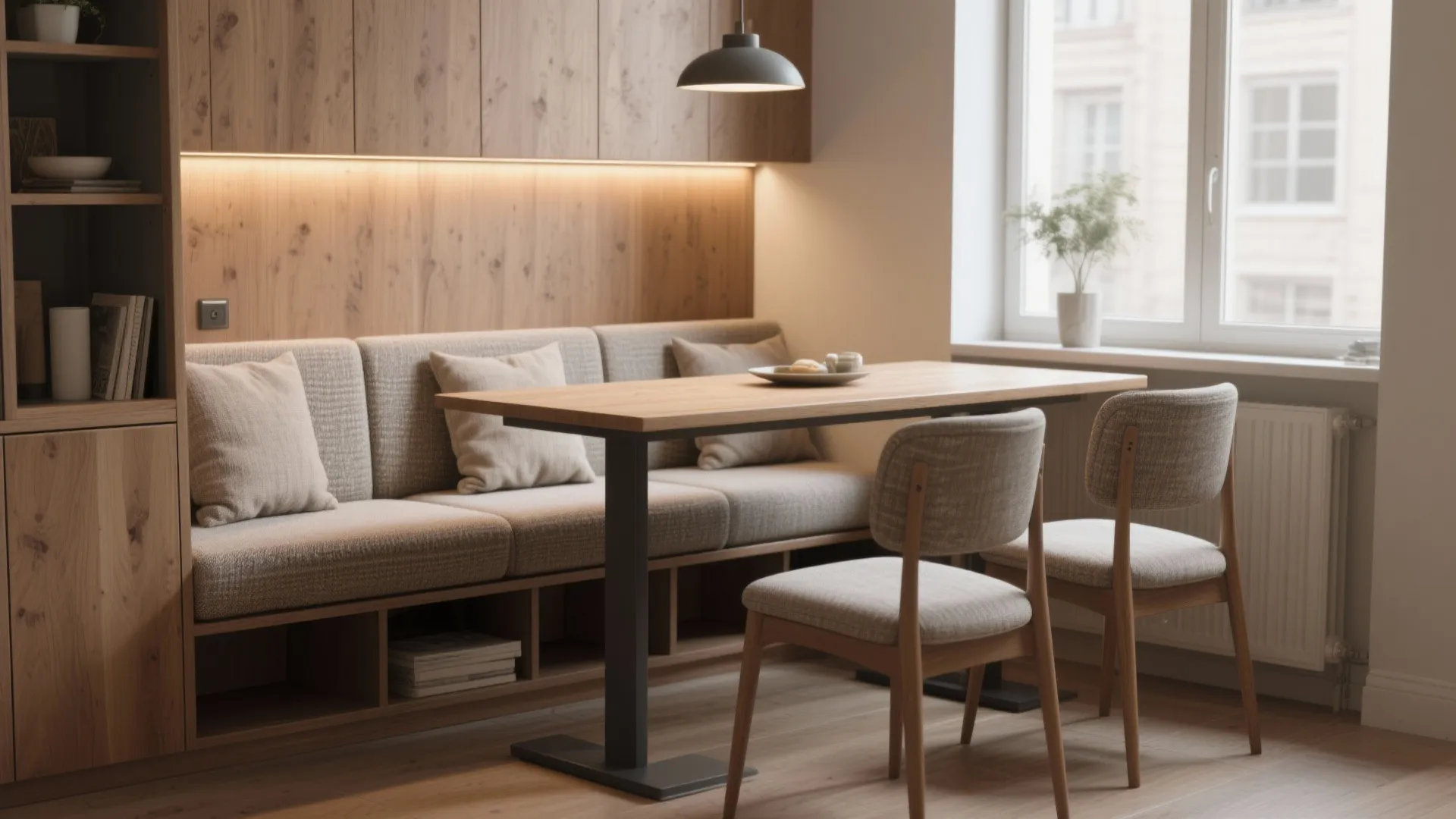 4) Banquette seating with a narrow table