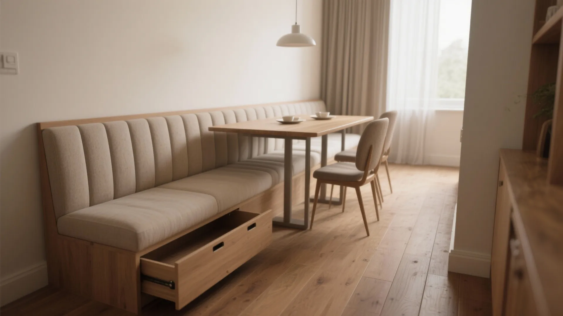 Slim banquette seating with a narrow table