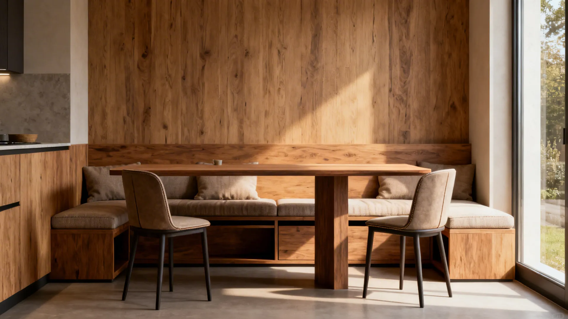Dining area with a long wooden table two chairs and built in wooden wall bench