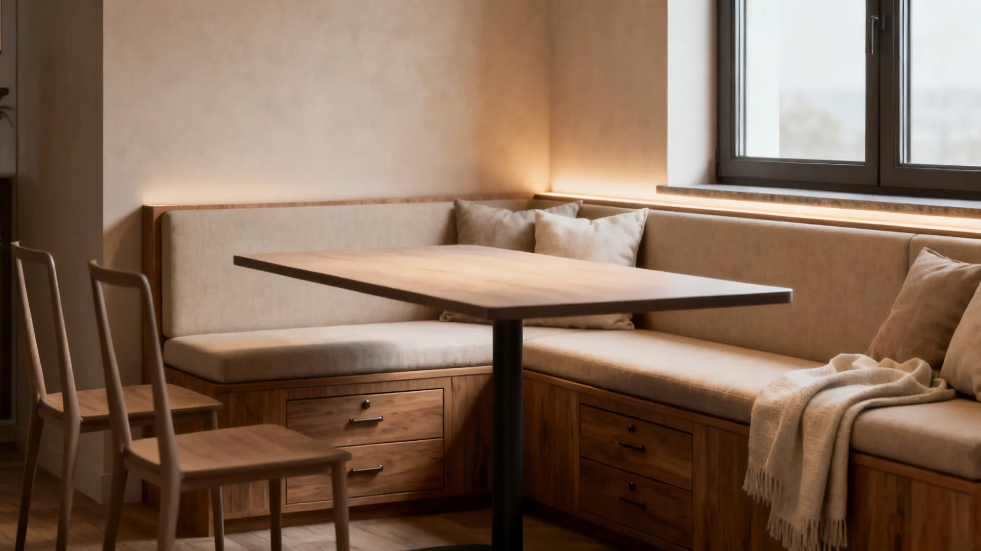 3. Built-in banquette with a narrow rectangular table