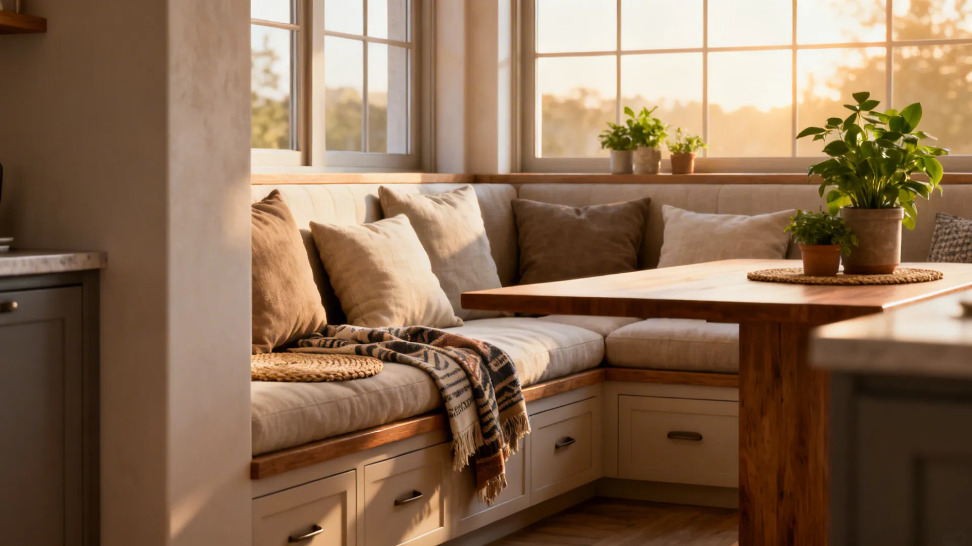 3. Built-in bench banquette with a narrow rectangular table