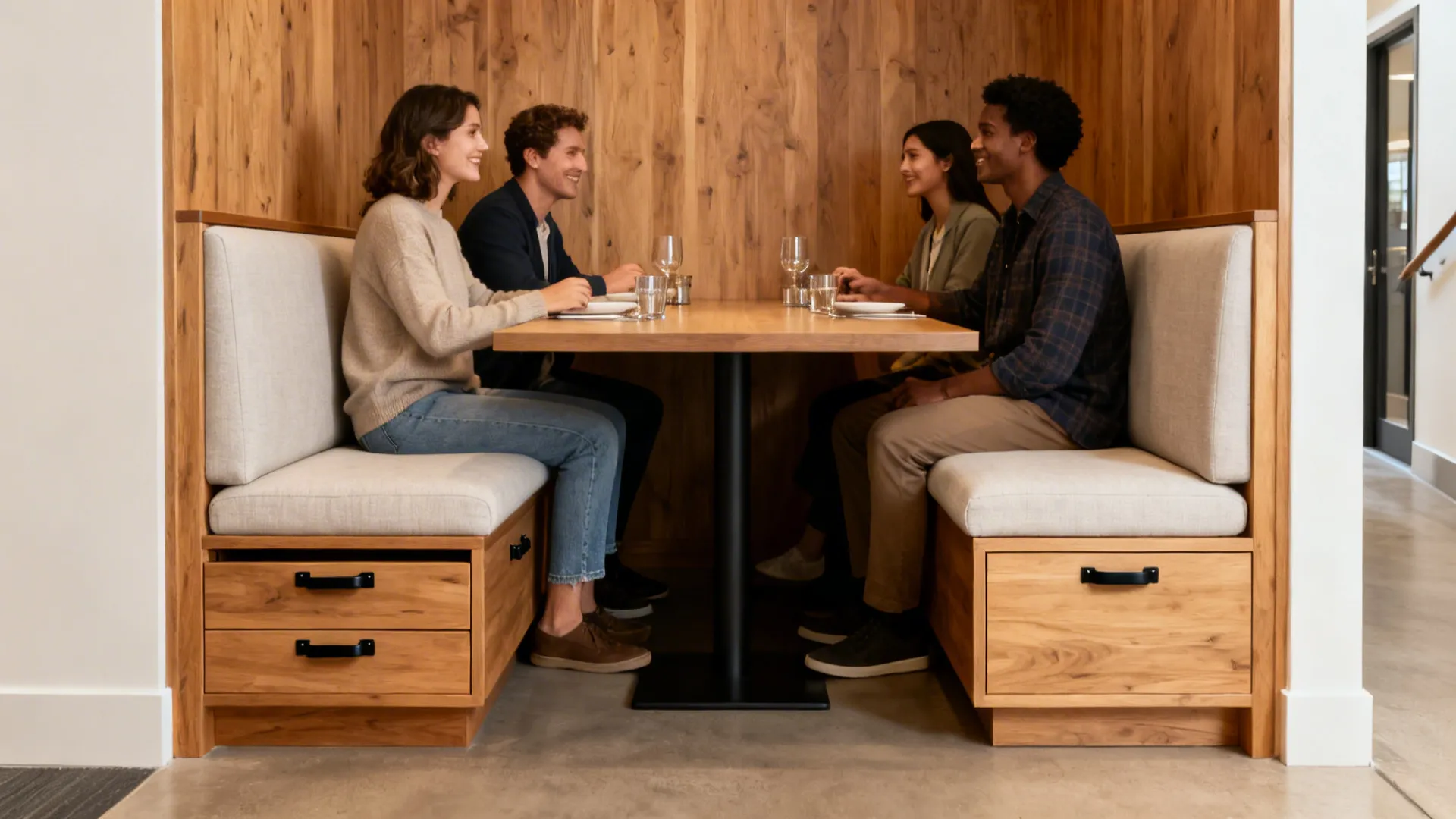 Built-in banquette with storage and a narrow rectangular dining table in a small nook.