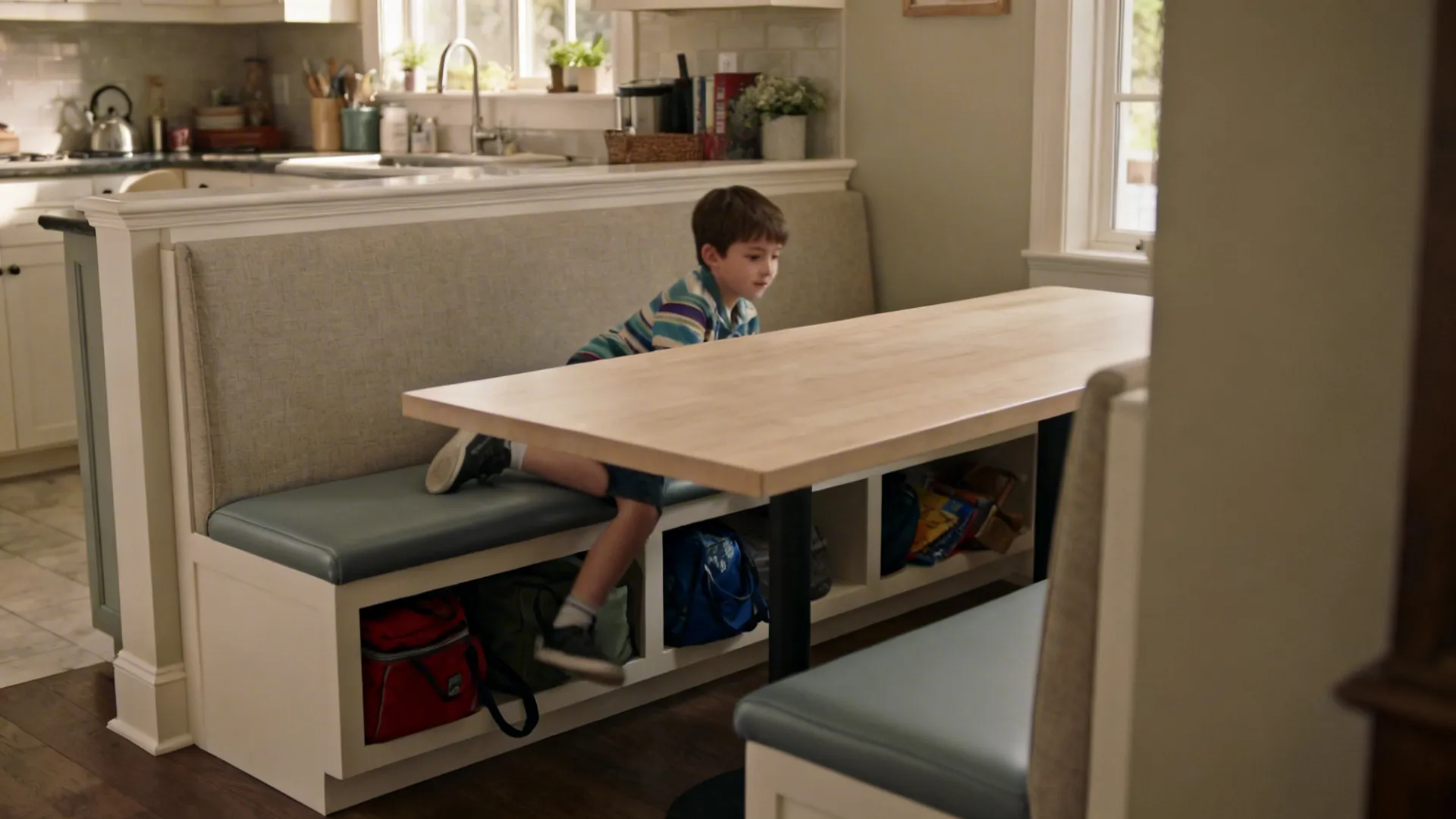 Corner banquette with a slim rectangular table maximizes seating in a tight dining nook.