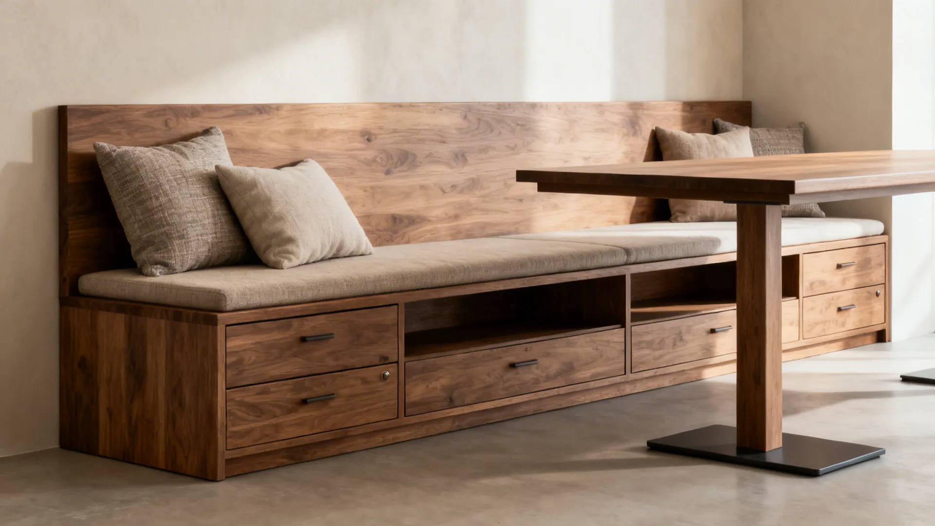 4) Banquette seating with a narrow, rectangular top