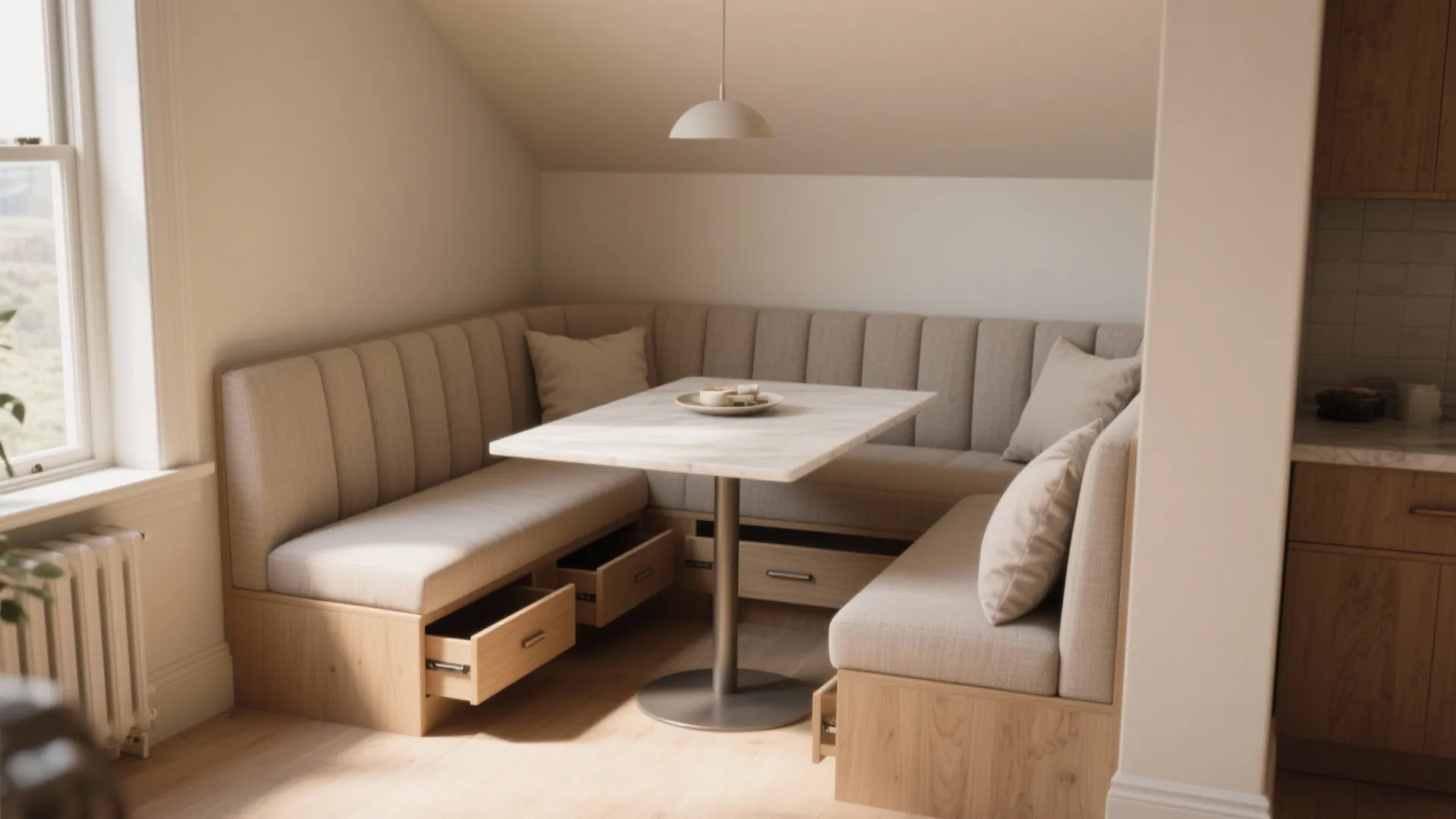 3. Banquette seating built into a niche