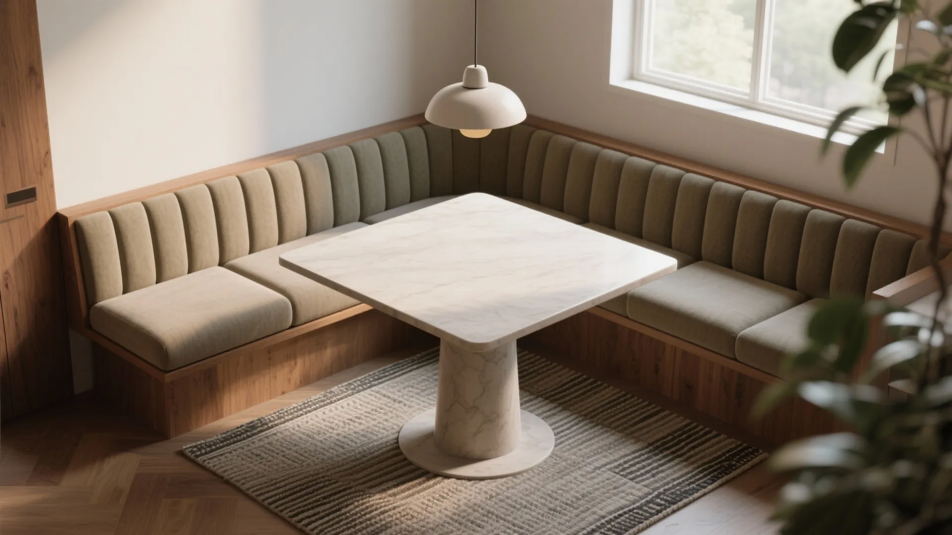 Corner banquette with a 40 x 60 pedestal table and flatweave rug anchoring the dining zone.