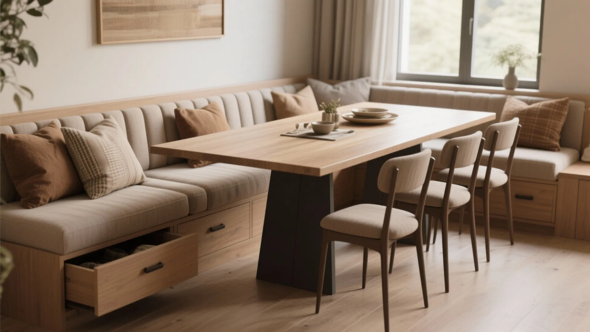 Dining room with wooden table, built-in bench seating, storage drawers, soft pillows, and beige chairs