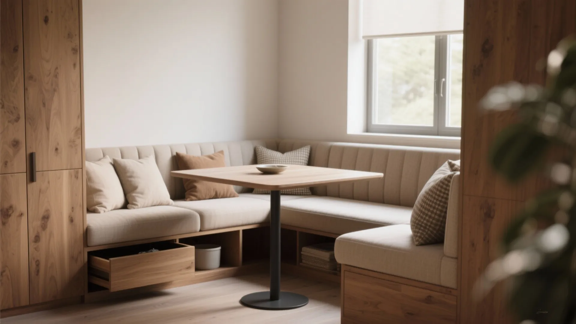Cozy dining area with built-in corner sofa wooden table storage drawers and a small wall window