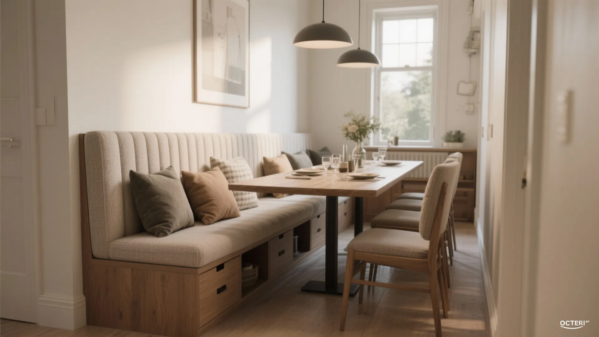 4. Banquette + narrow table: custom comfort