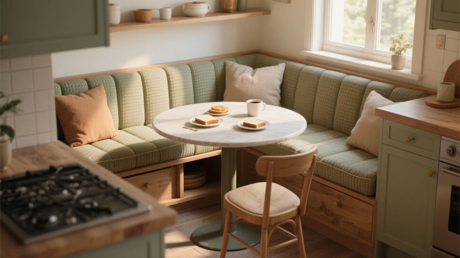 Cozy kitchen corner banquette with storage beneath, cushions, and a small breakfast table in warm daylight.
