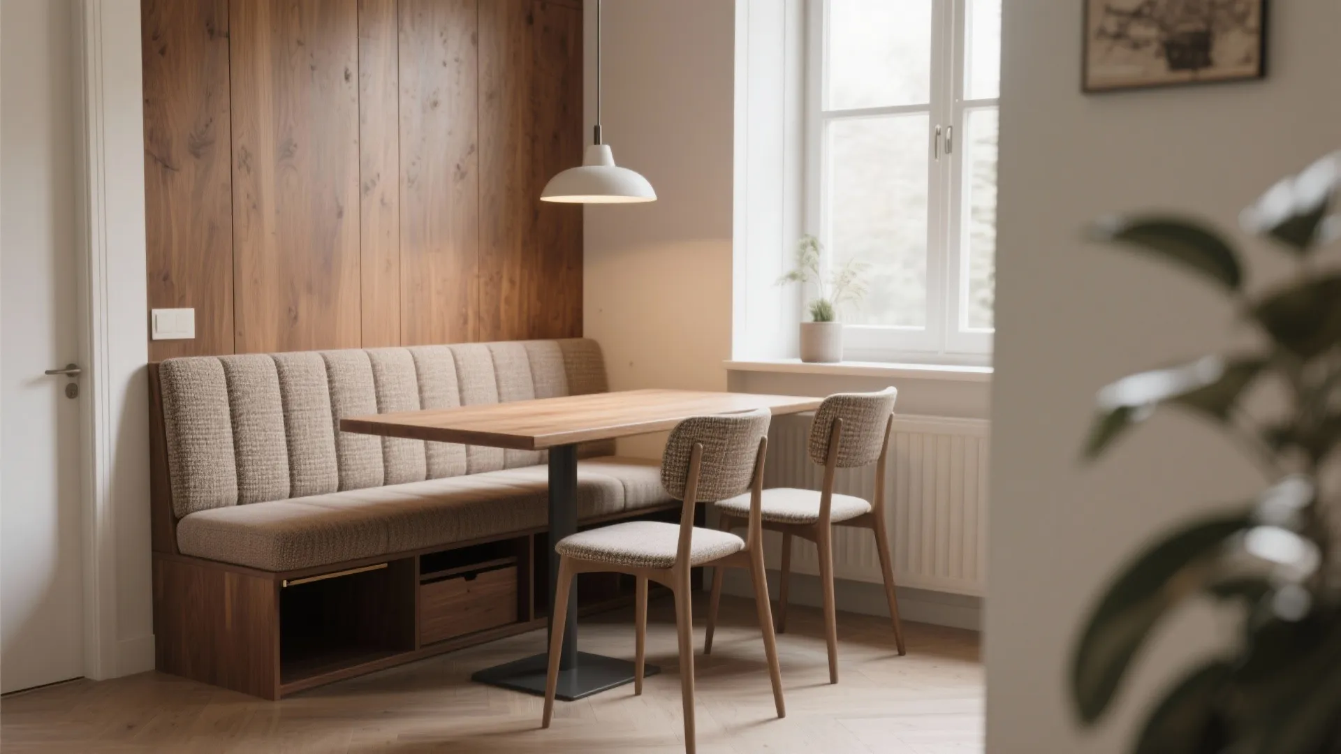 Dining nook featuring built in bench, wood wall panel, wooden table, two chairs, and light