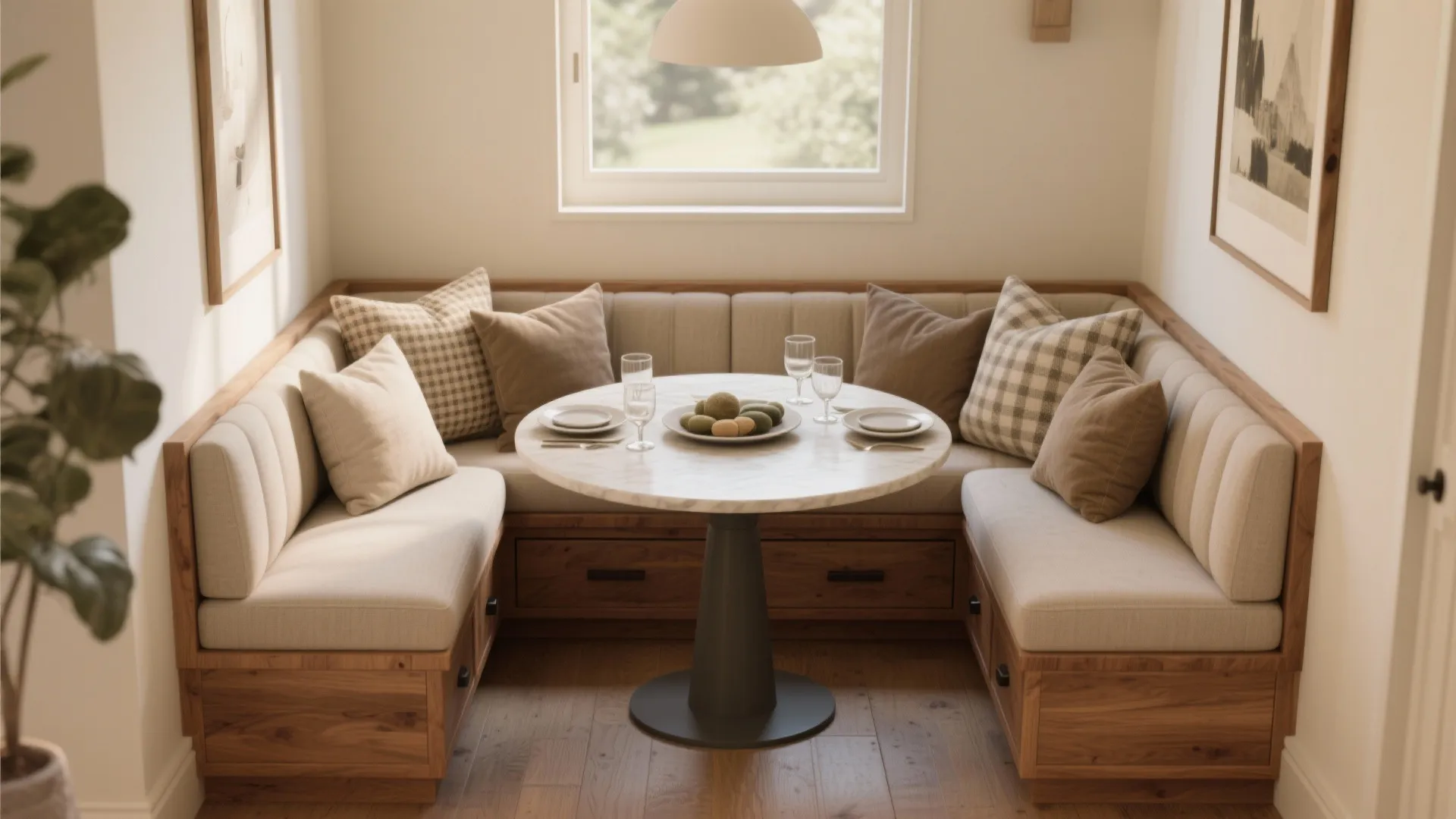 Cozy dining nook with a round marble table and wooden bench seats with several soft pillows