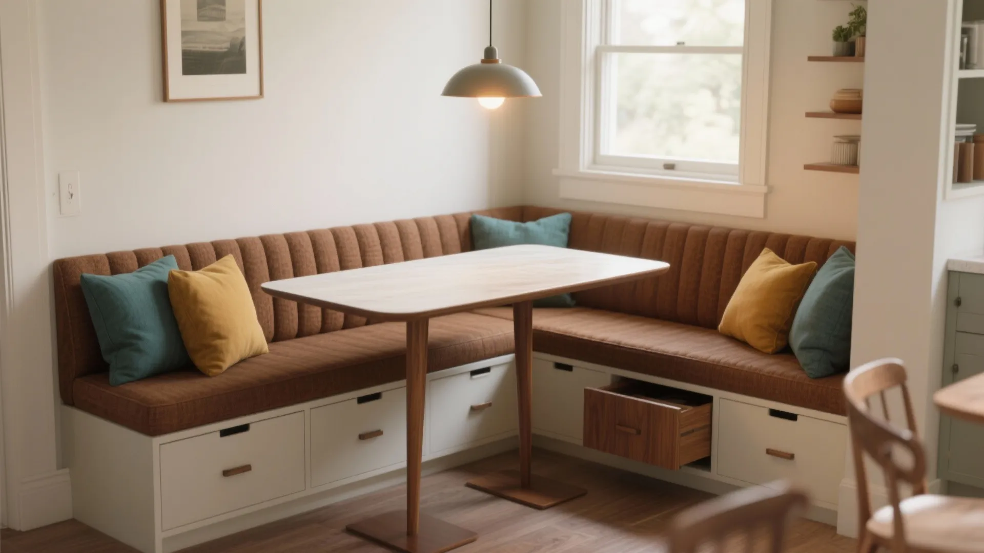 4. Built-In Banquette + Small Rectangular Table