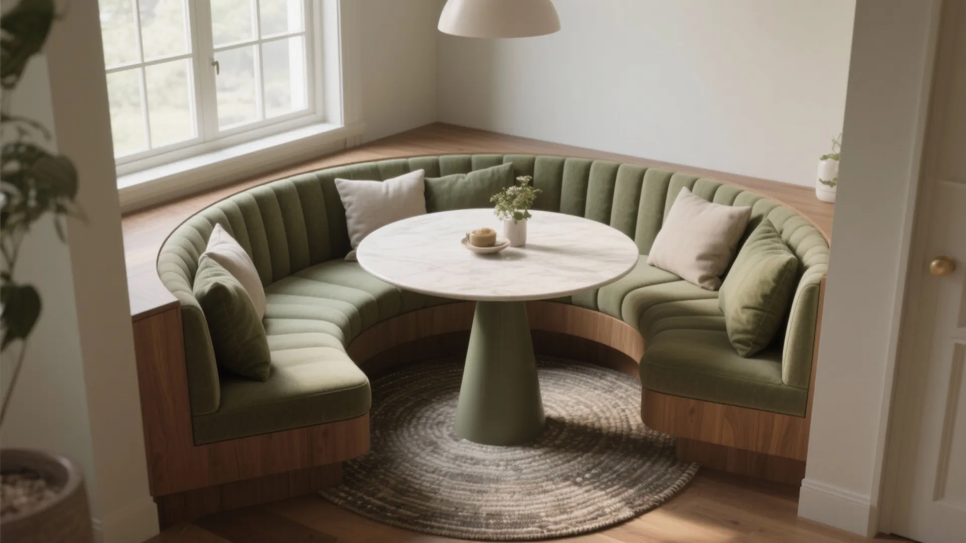 Built-in banquette wrapping a round table in a small corner, showing efficient seating and circulation.