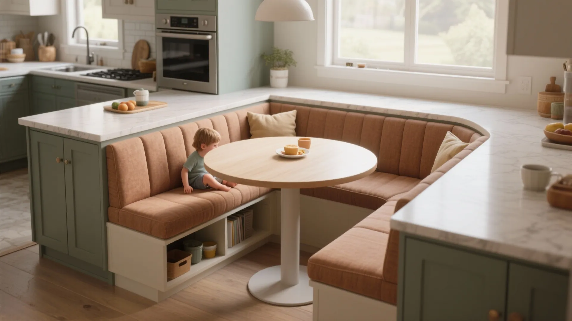 Built in kitchen seating nook with brown cushions round table and child sitting on bench