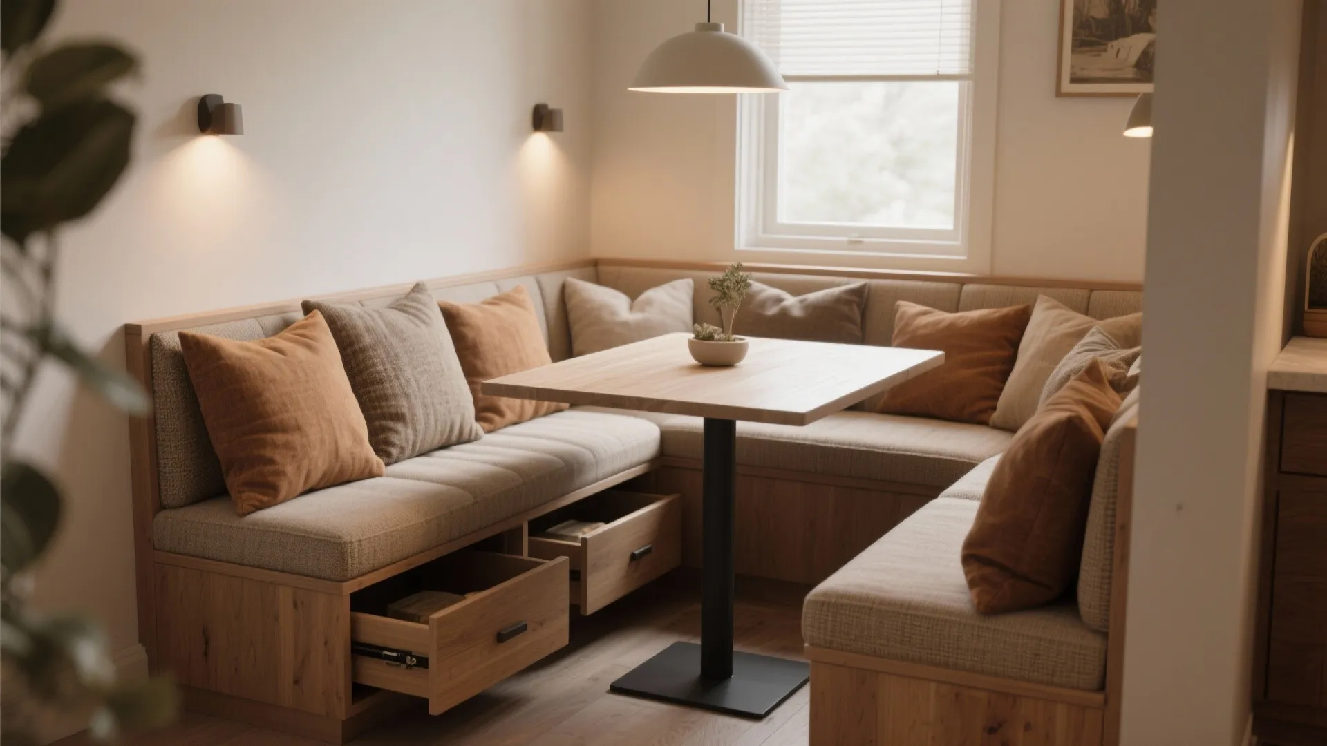 2. Banquette bench along one wall