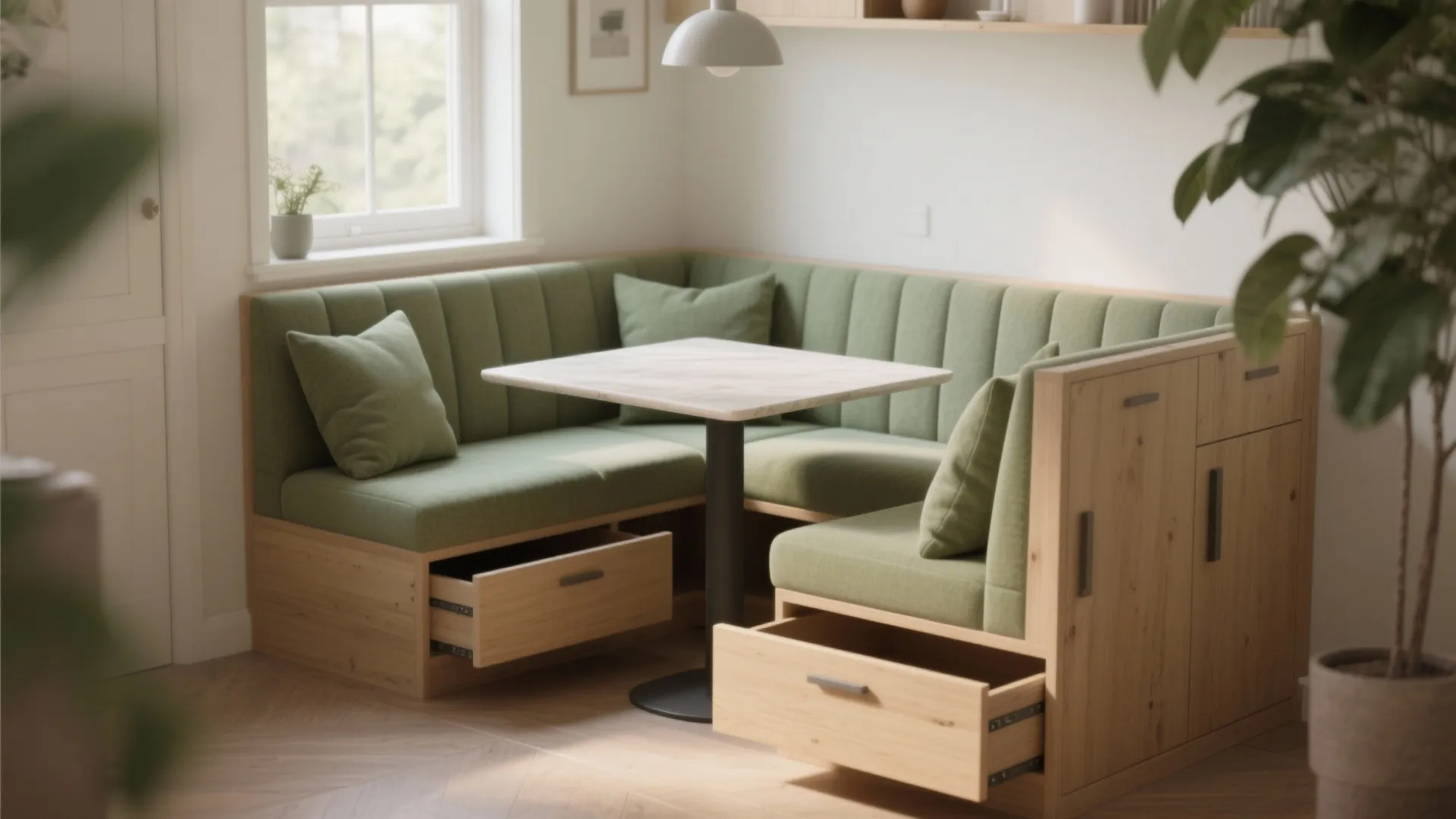 4. Built‑in bench (banquette) with a small rectangular or round table