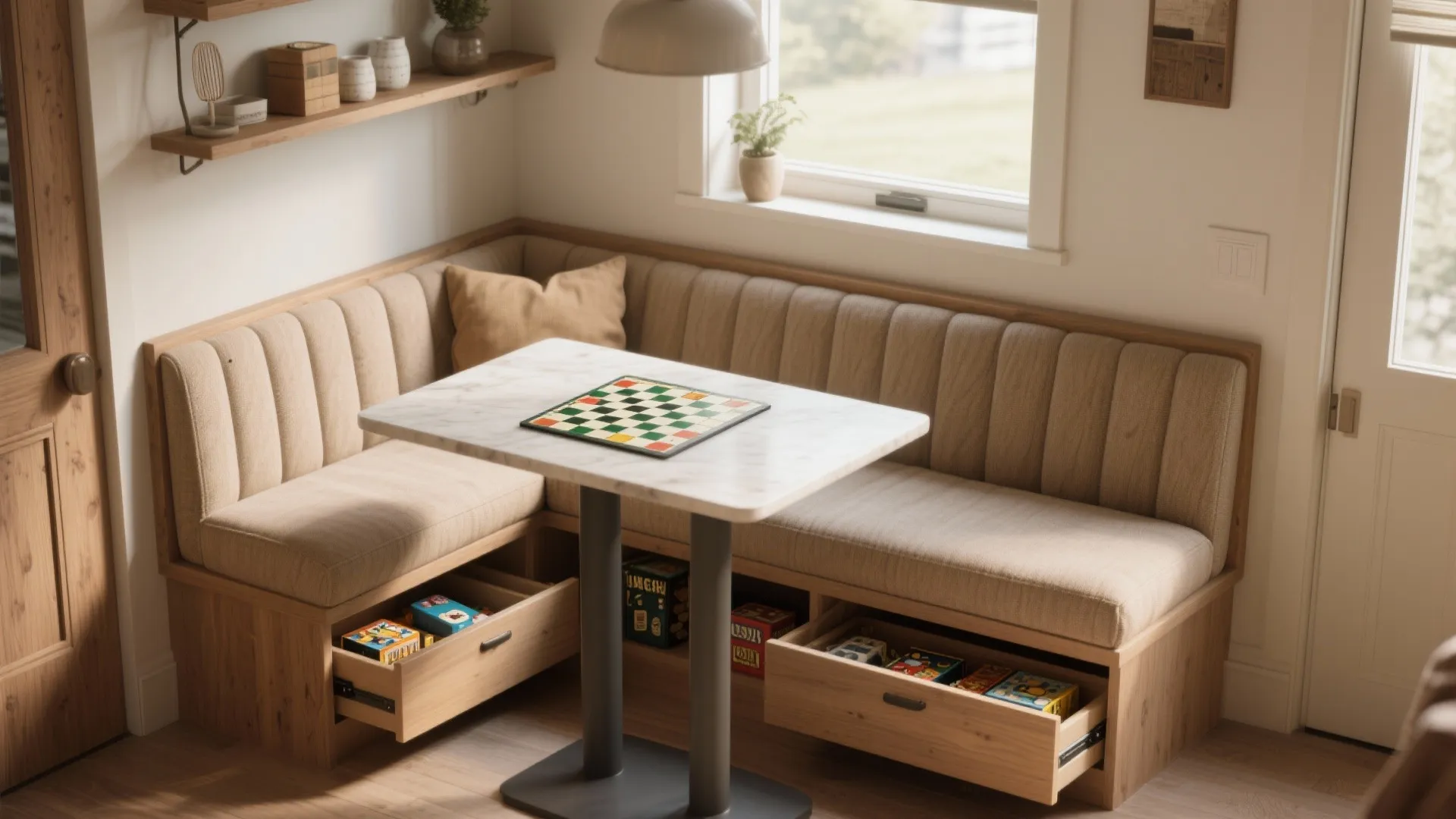 3. Built-in banquette seating with a narrow table