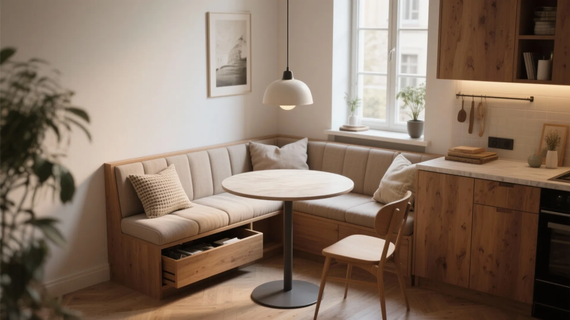Cozy built-in banquette with storage and a round table forming a flexible mini-dining nook.
