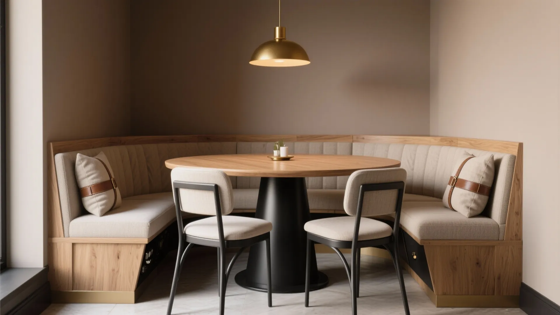 Modern dining area featuring a curved wooden corner sofa and round table with gold light