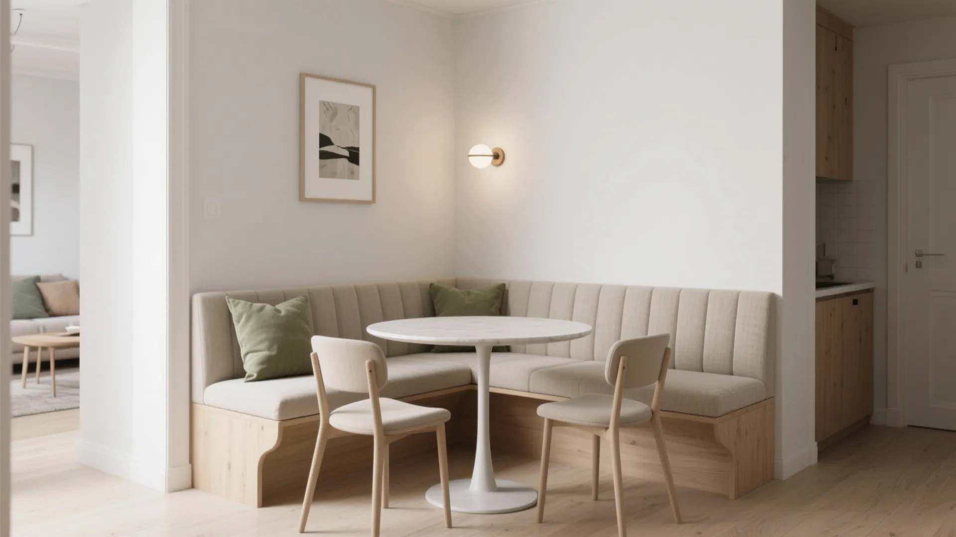 Slim banquette + round pedestal table on the quiet wall