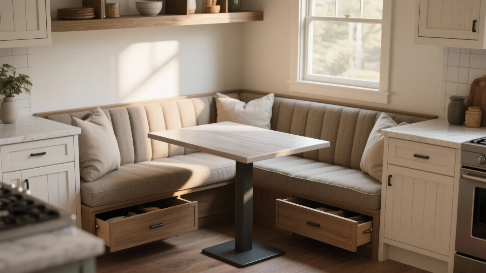3. Built-in banquette with a slim table