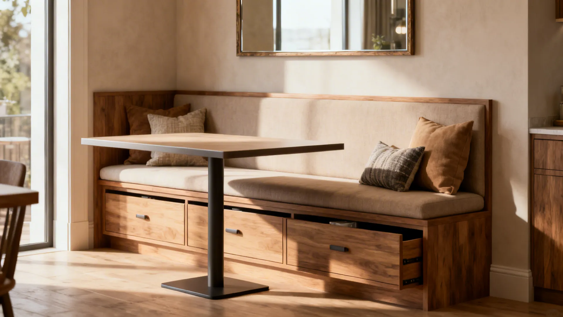 3. Banquette seating with a narrow table