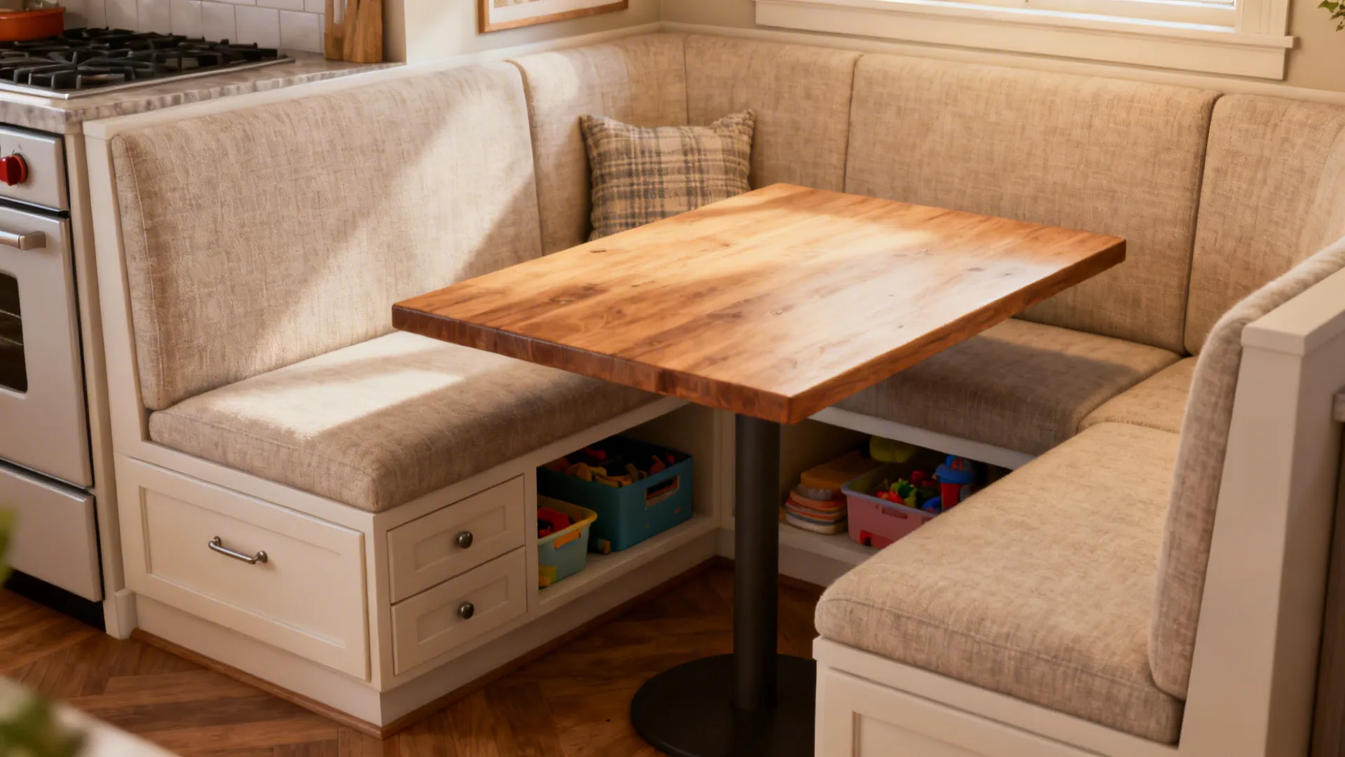 Cozy kitchen alcove with a built-in banquette, slim rectangular table and under-seat storage.