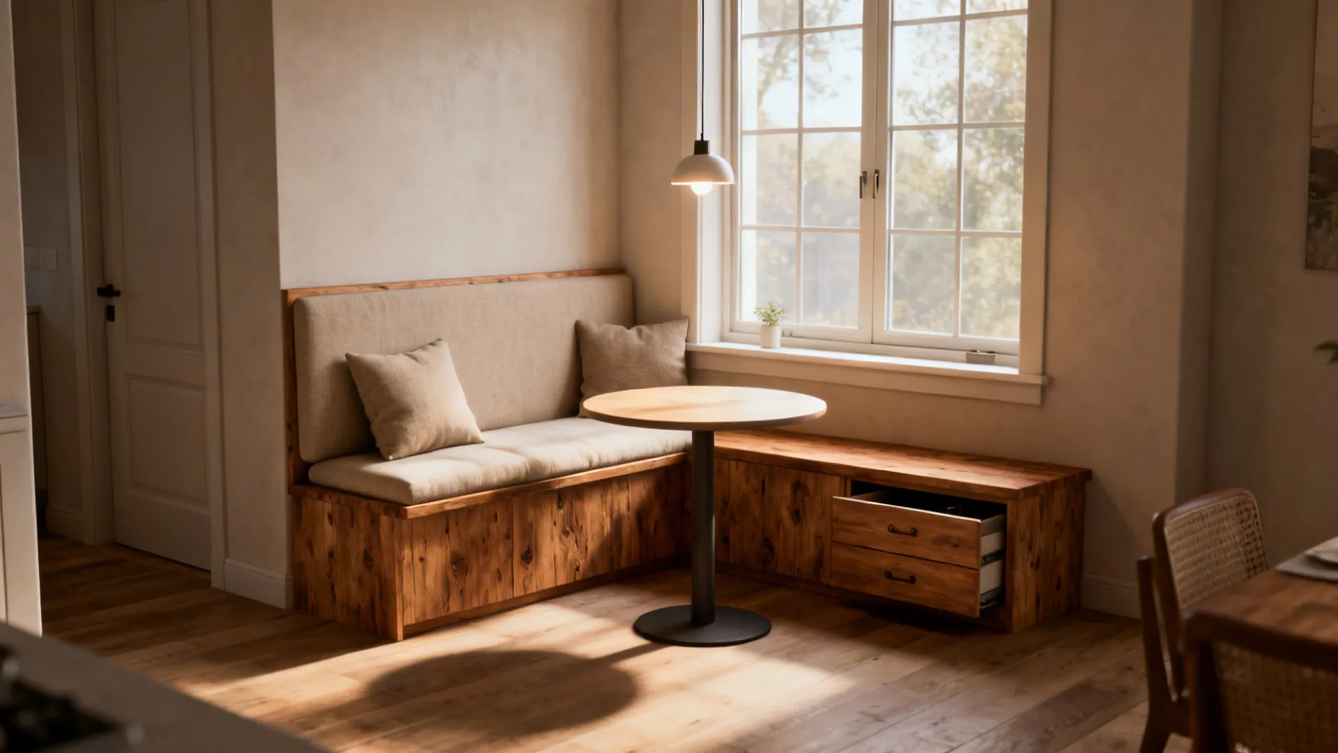 Cozy banquette dining nook with hidden storage and a compact table by a window