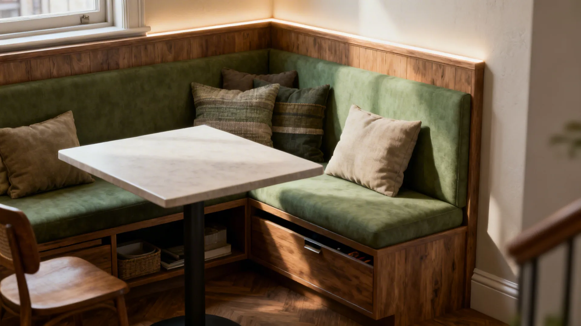 5. Built-in banquette with a compact table