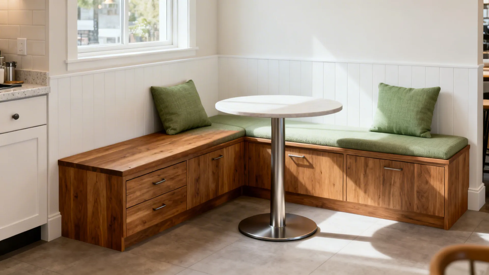 Built-in banquette with storage drawers and a compact pedestal table by a window.