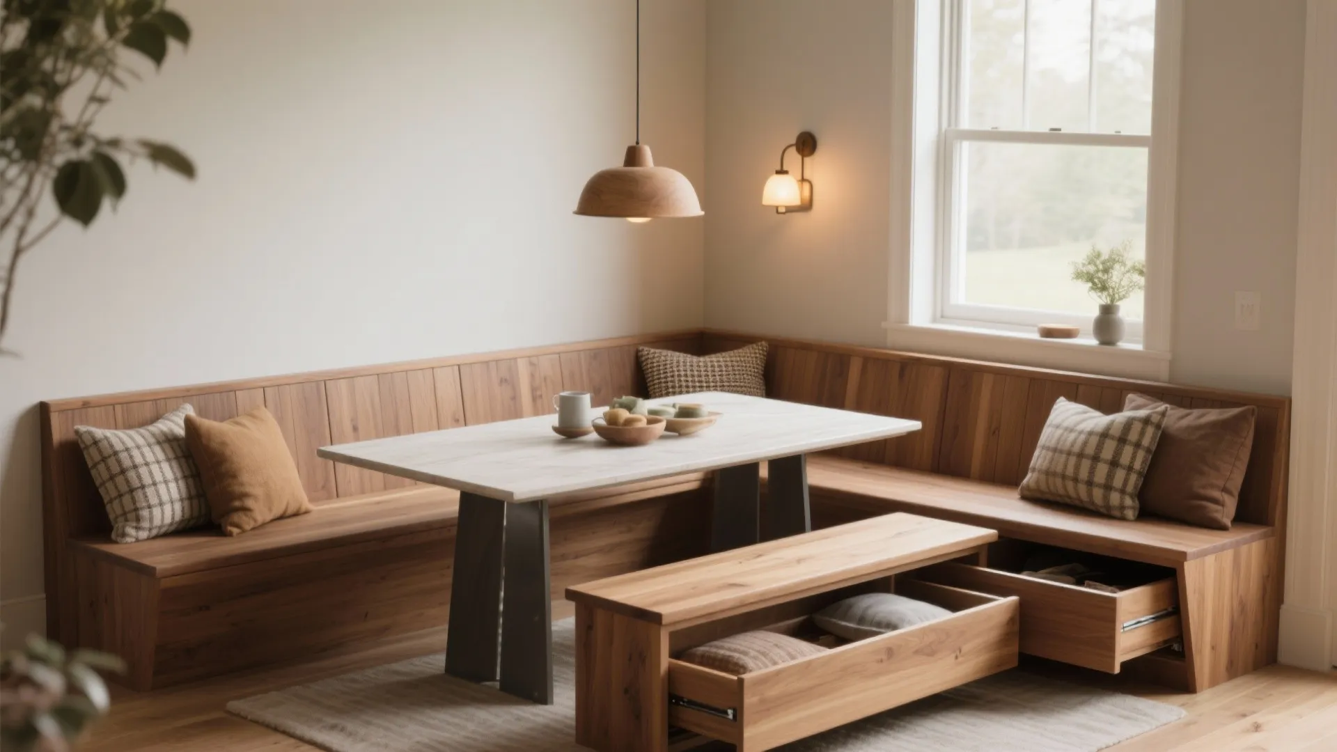 Wooden corner bench with built in storage drawers and a white table in a dining nook