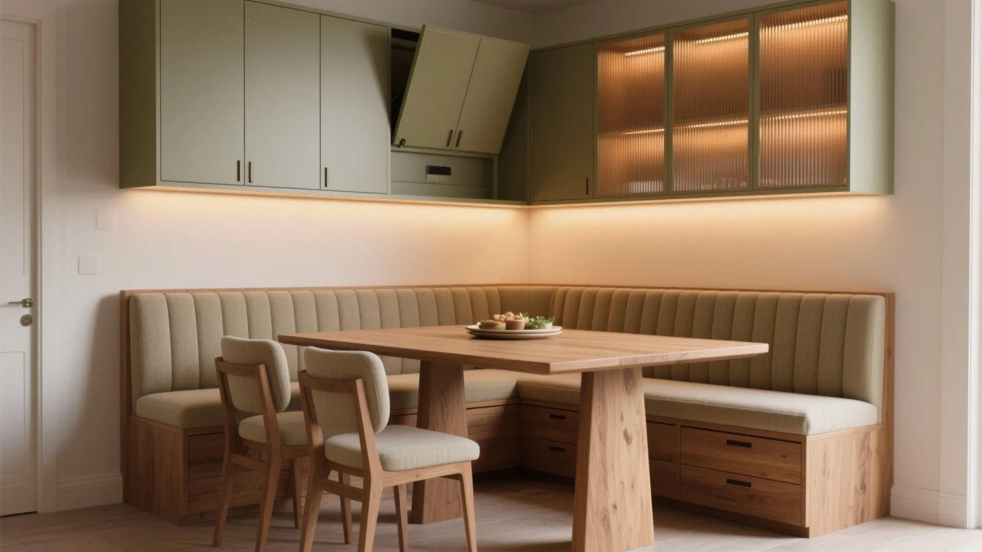 Banquette seating with overhead cabinets