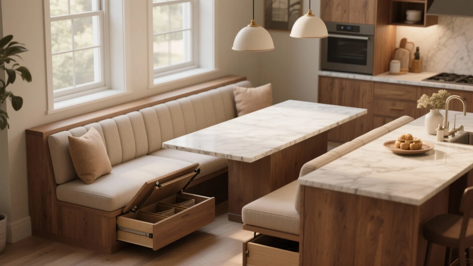 Kitchen dining area with built-in bench seating showing an open storage drawer under the seat