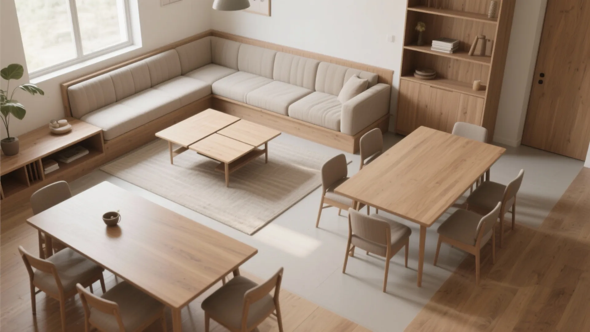 Top-down plan showing an L-shaped banquette, compact sofa, and a drop-leaf table with clear circulation.