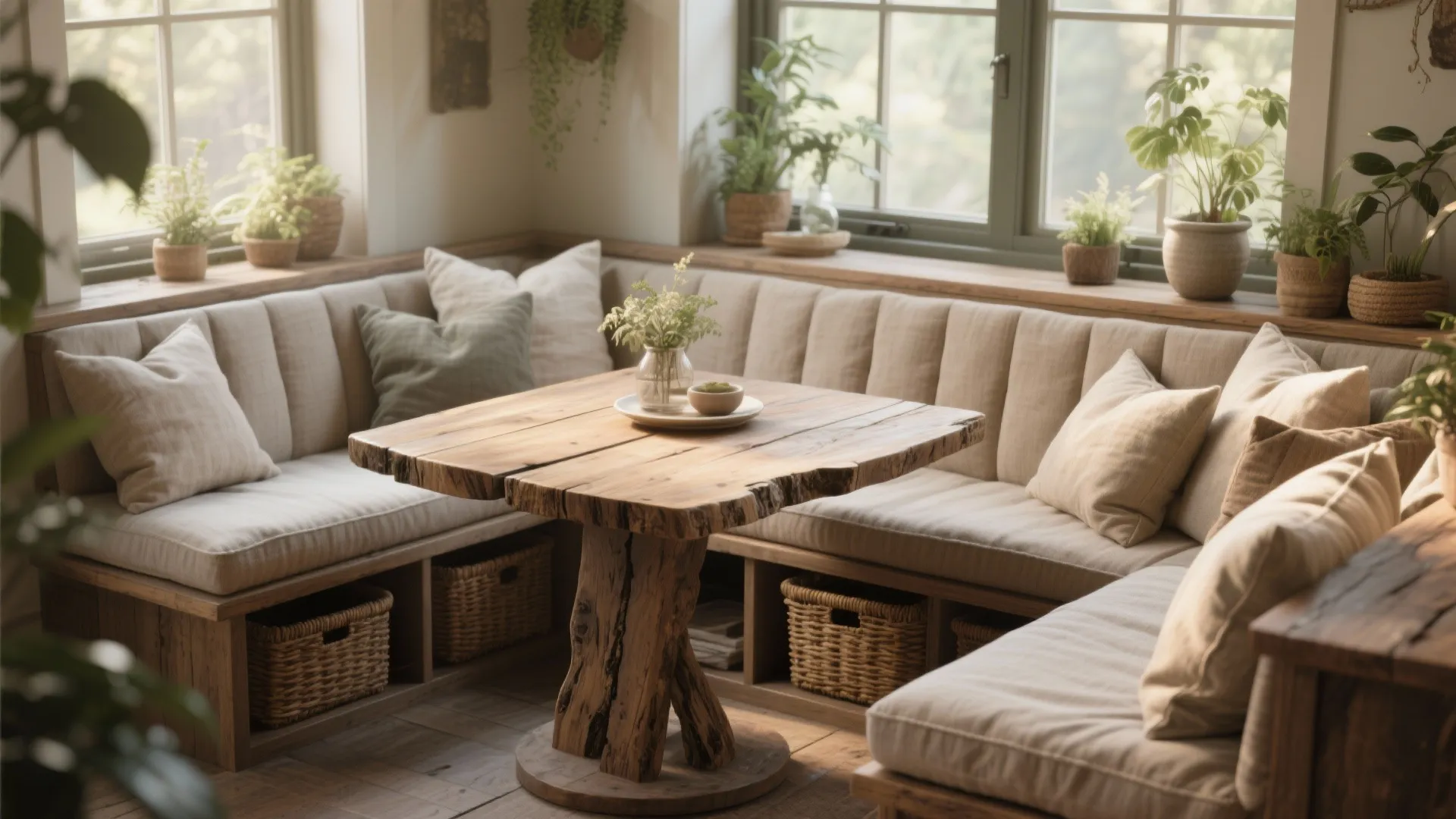 3. Built-in banquette with rustic plank top