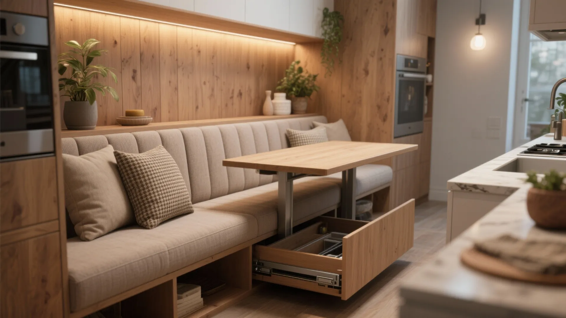 3. Banquette Seating with Pull-Out Table