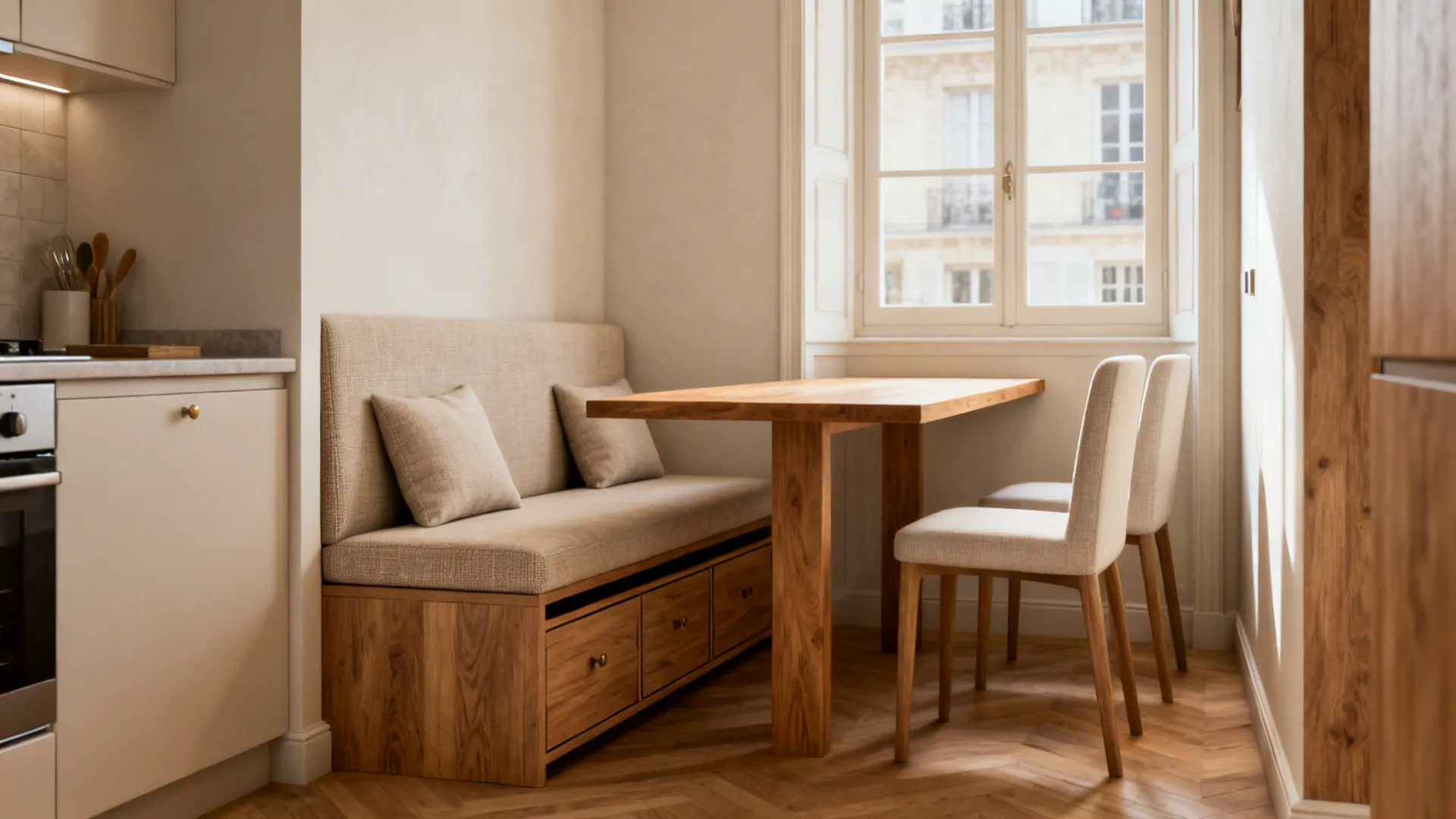 Banquette seating with a compact rectangular table