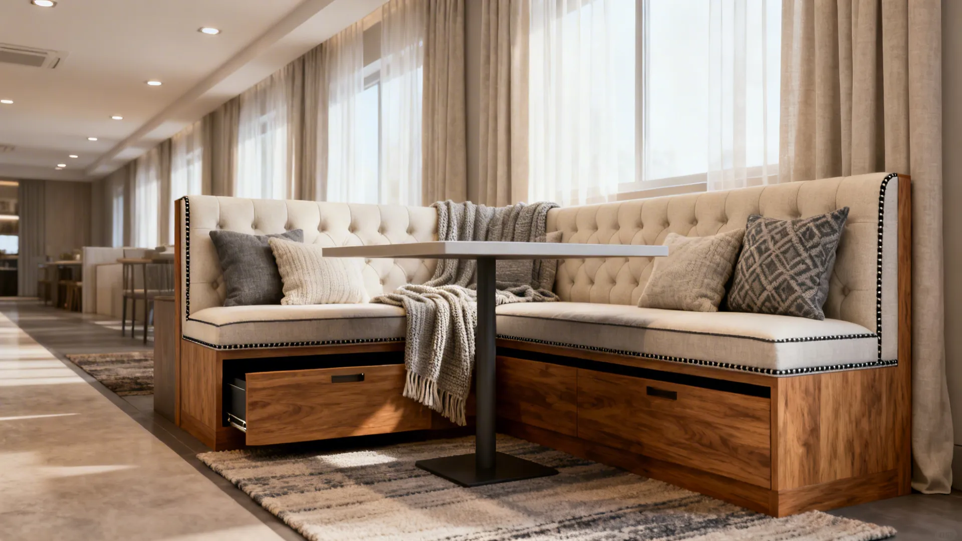 Corner banquette with built-in storage paired with a slim rectangular dining table in a tiny home.