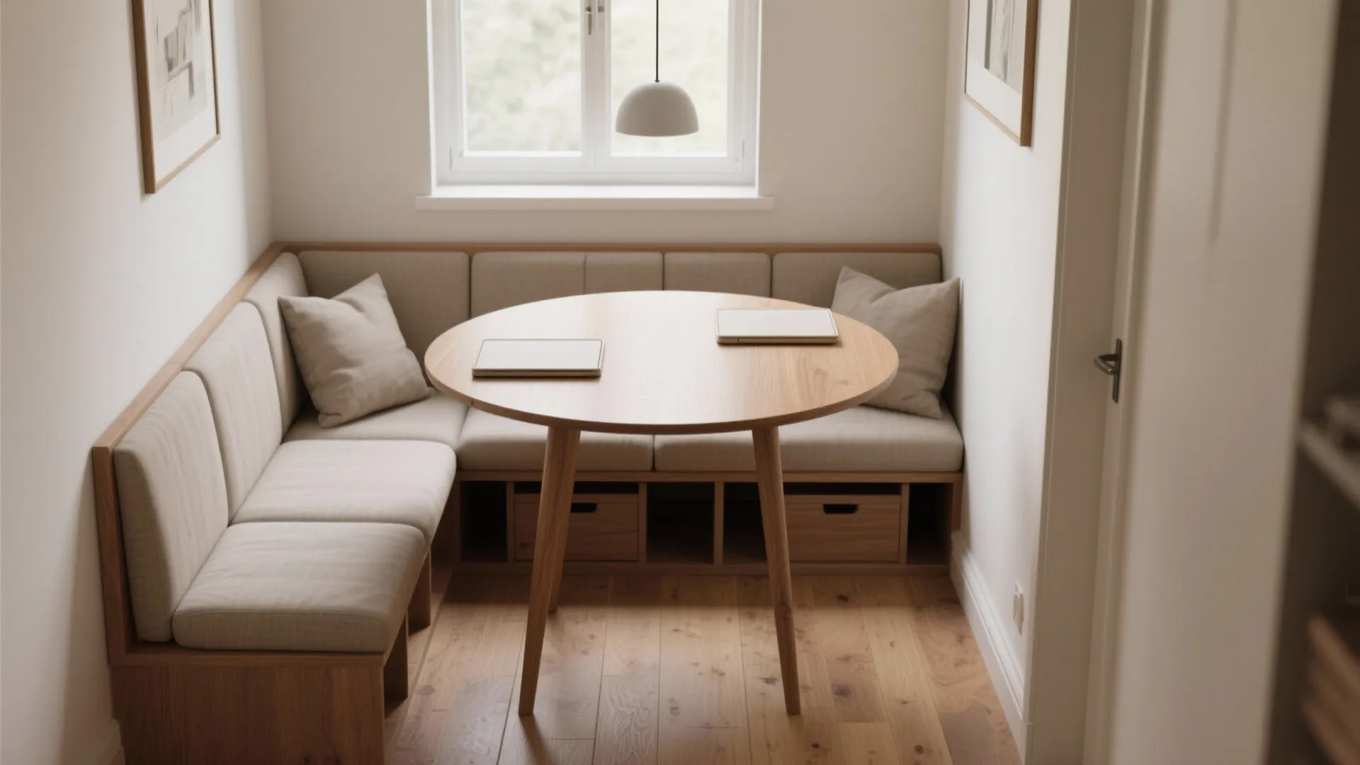 Small dining area with wooden round table built in bench seating cushions and hanging ceiling light