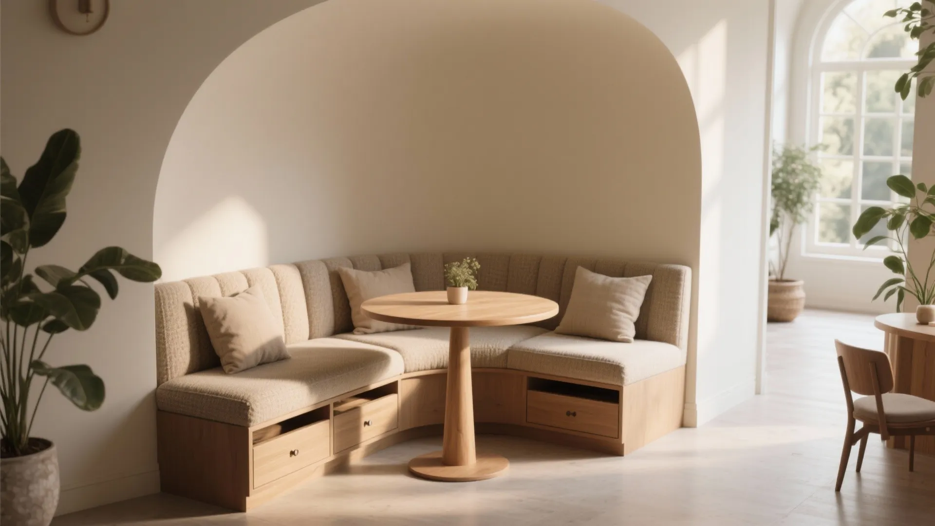 Curved built in bench seating with round wooden table inside white arched wall and storage drawers