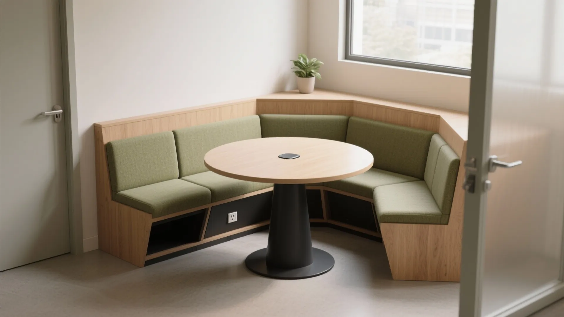 Modern corner wooden seating with green cushions and a round table under a large window