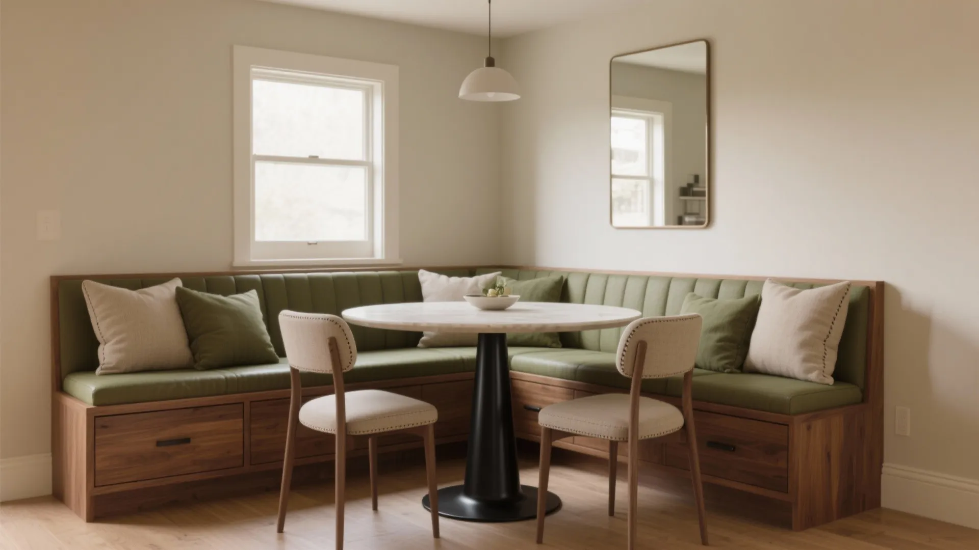 3) Built-in banquette + a round (or oval) table