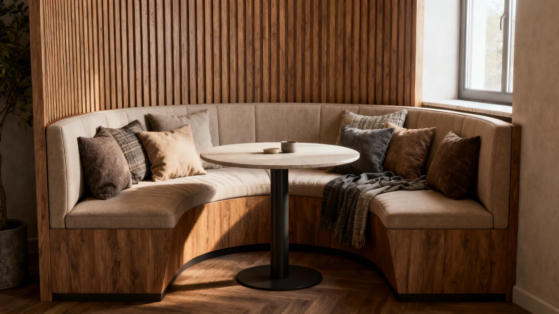 Built-in curved banquette with a compact round table and cushions creating a cozy nook