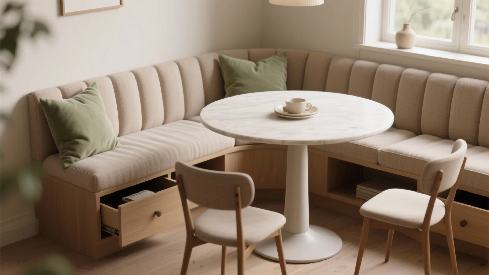 Modern dining area with curved built-in sofa round white marble table green pillows and chairs