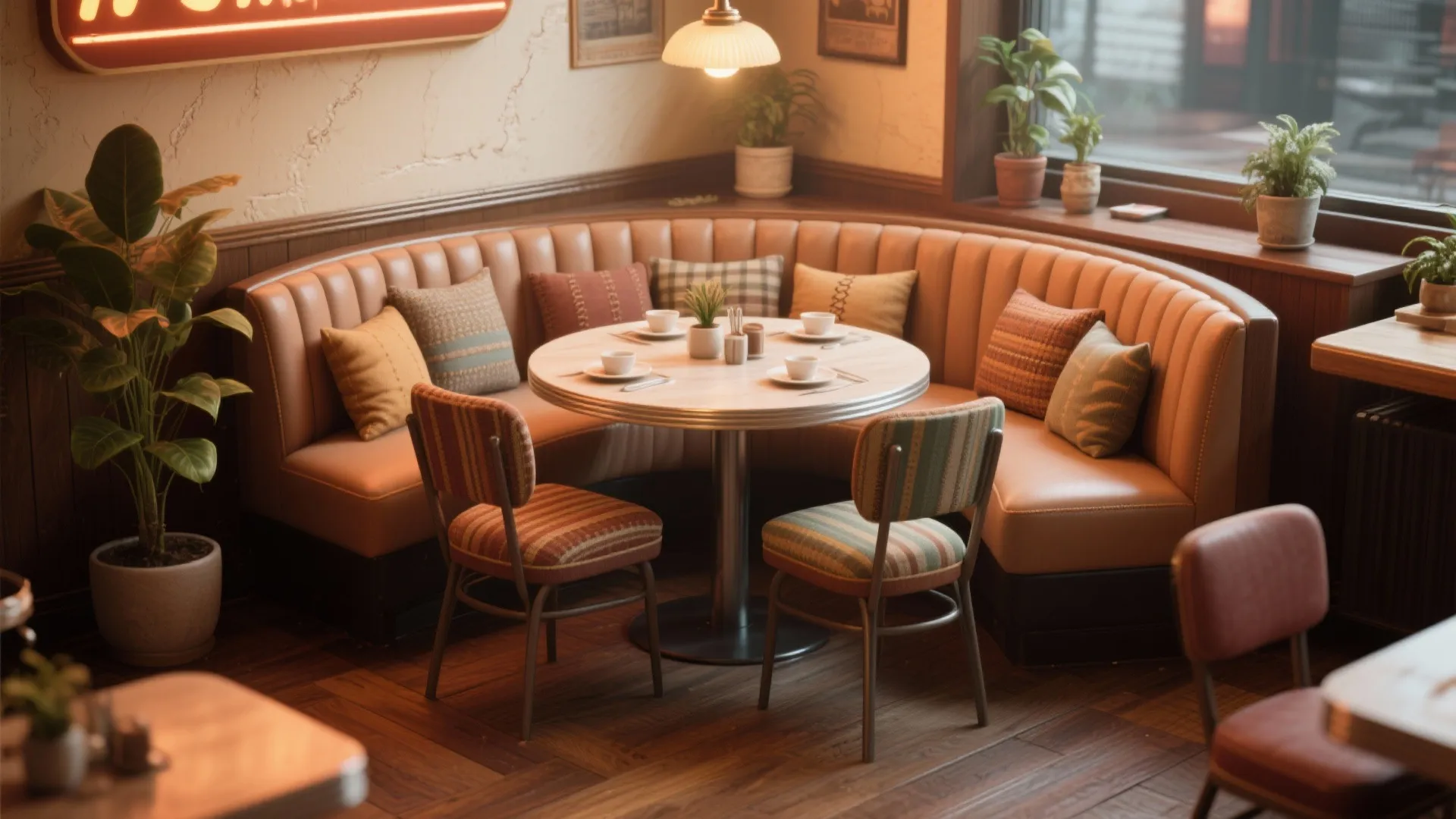 Curved built-in banquette with a round table creating a cozy conversational corner